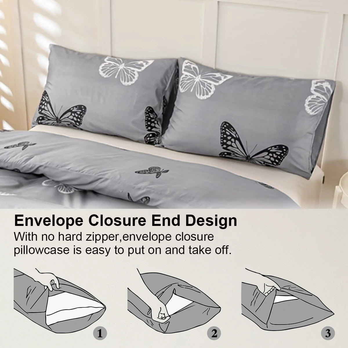 Gray pillowcases with a butterfly print and an envelope closure design shown on a bed.
