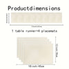 A set of table runners and placemats in a light beige color, measuring 13 inches by 72 inches for the runner and 18 inches by
