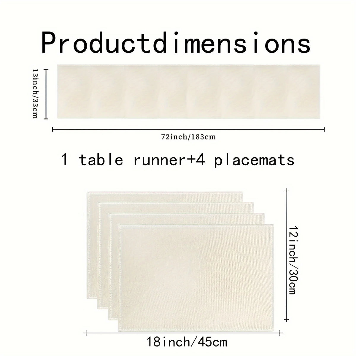A set of table runners and placemats in a light beige color, measuring 13 inches by 72 inches for the runner and 18 inches by