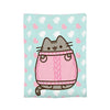 A pink and gray cat plush throw blanket featuring a cute cat design on a light blue background with pink hearts.