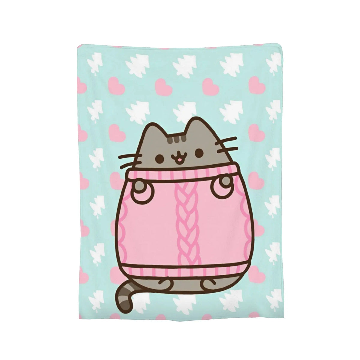 A pink and gray cat plush throw blanket featuring a cute cat design on a light blue background with pink hearts.