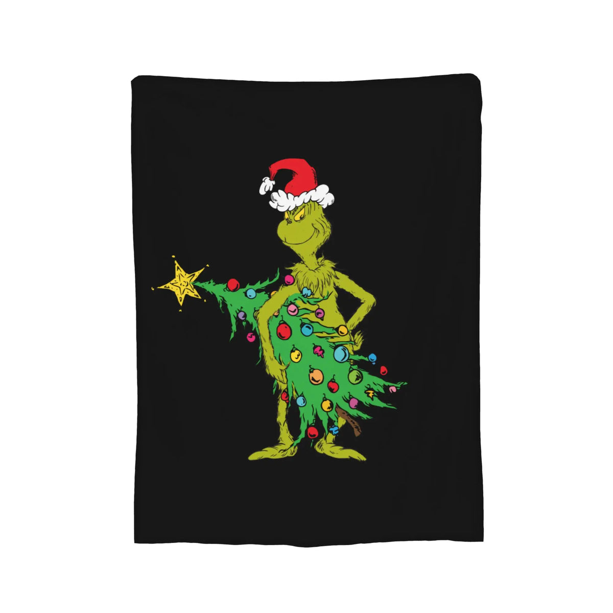 A green, fuzzy creature with a red Santa hat is depicted on a black background.