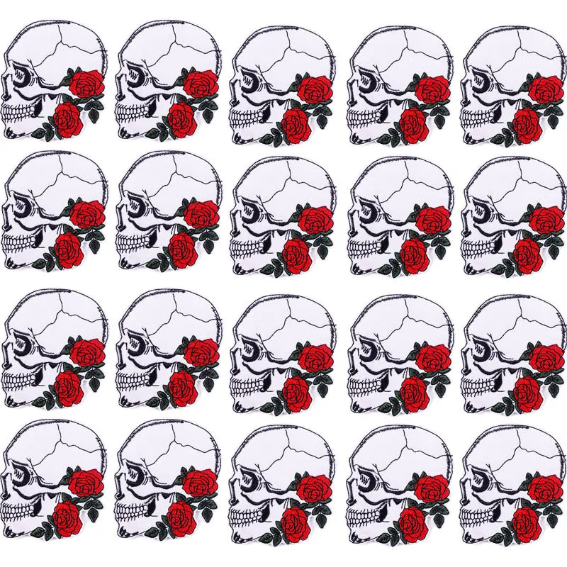 A collection of skull embroidery patches in red and black designs for DIY punk clothing