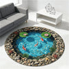 Round rug featuring a detailed design of koi fish swimming in blue water surrounded by stones.
