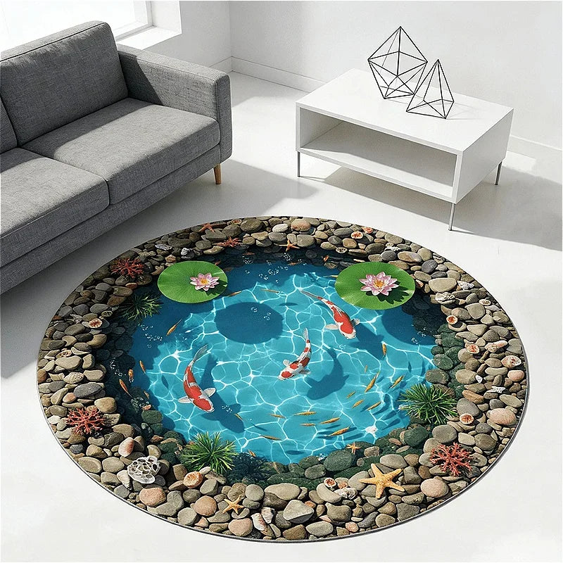 Round rug featuring a detailed design of koi fish swimming in blue water surrounded by stones.