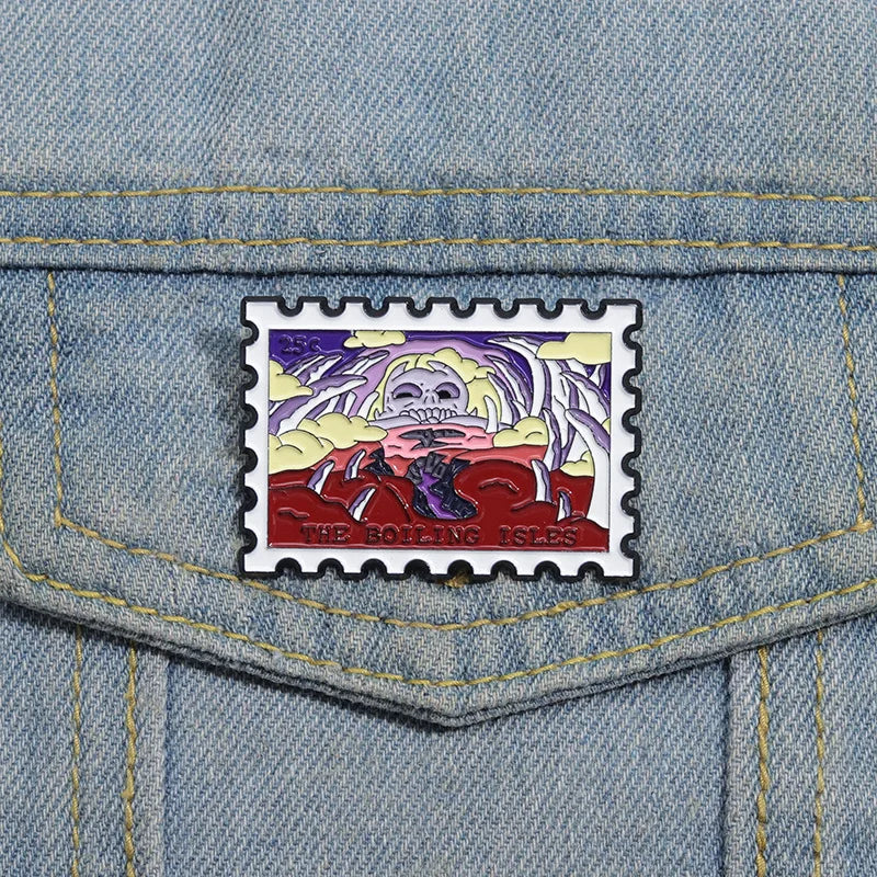 A vintage enamel lapel pin featuring a graphic design of a skull with purple and yellow hair against a red background.