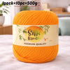 A ball of bright orange silk bamboo blend yarn with a label indicating 1 pack equals 10 pieces and 500g.
