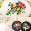 Floral cross stitch embroidery kit showing a colorful bouquet of flowers on white fabric.