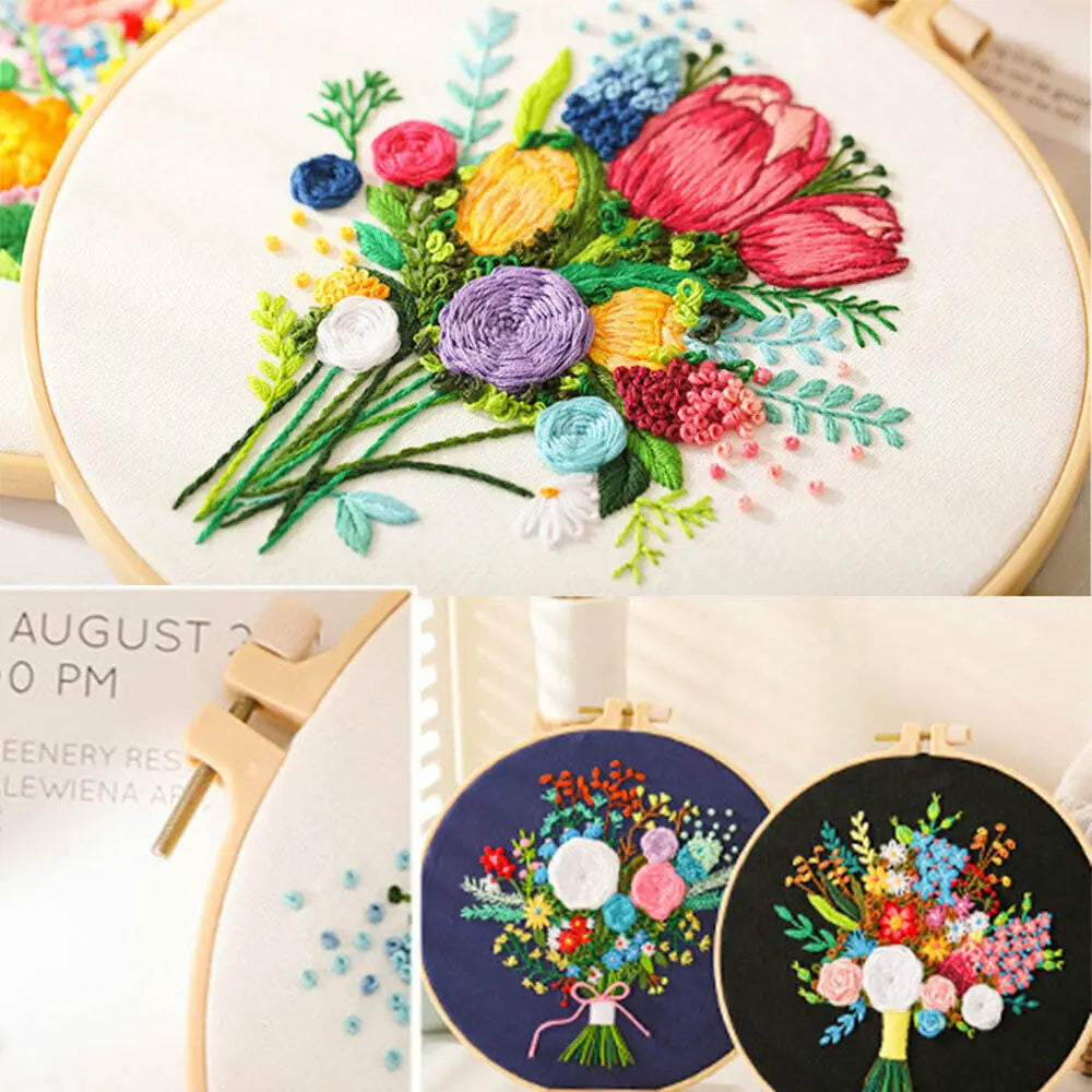Floral cross stitch embroidery kit showing a colorful bouquet of flowers on white fabric.