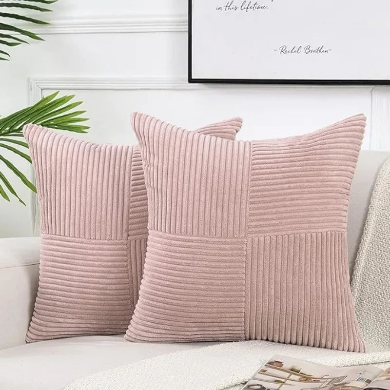 Pink corduroy patchwork pillow covers with vertical ribbing and square stitching