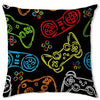 A decorative pillow cover featuring a colorful design of game controllers on a black background.