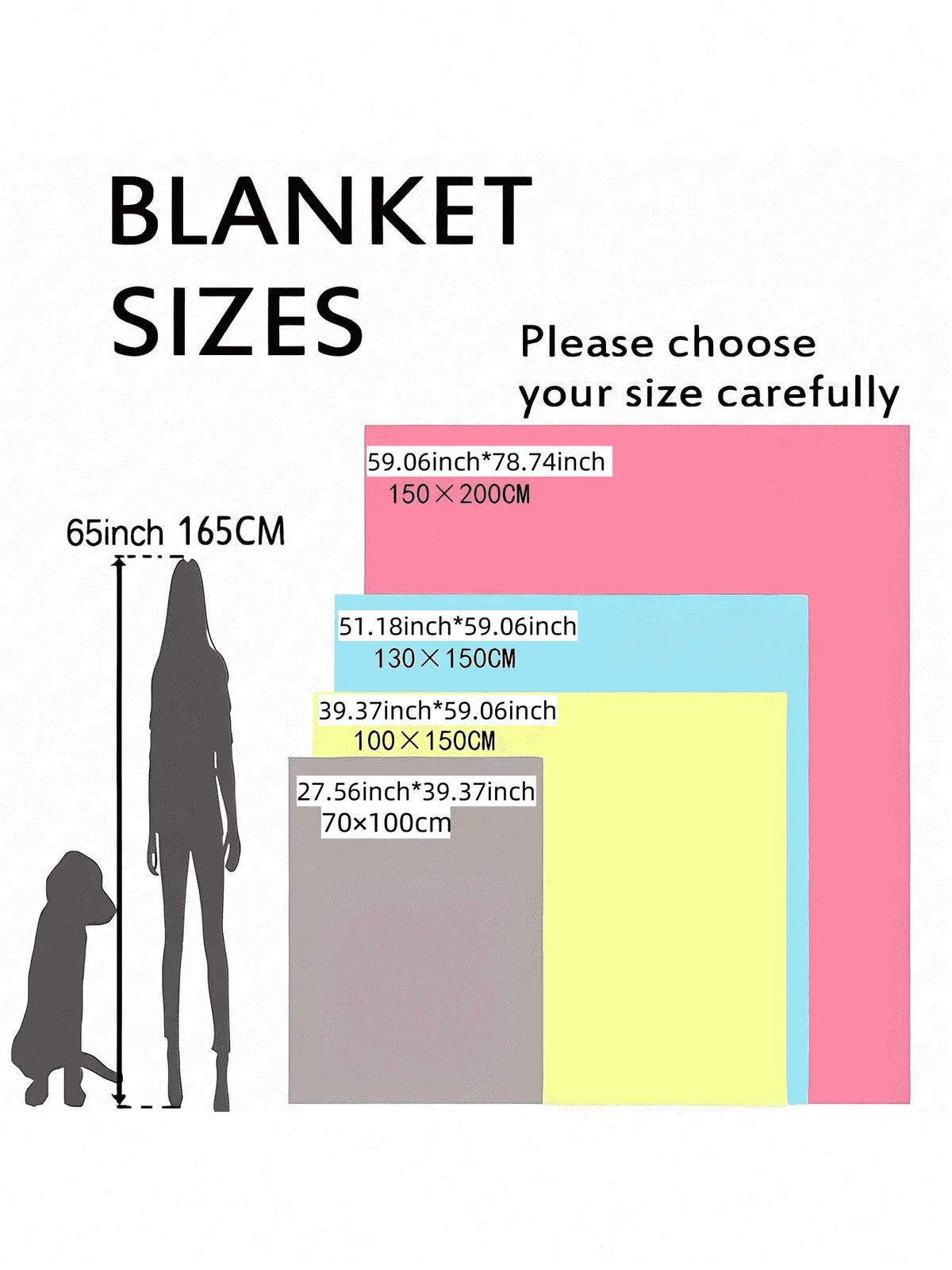 Diagram showing various blanket sizes with corresponding measurements in inches and centimeters for selection.