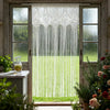 Vintage lace tassel door curtains hanging in a light-framed window overlooking a green field.