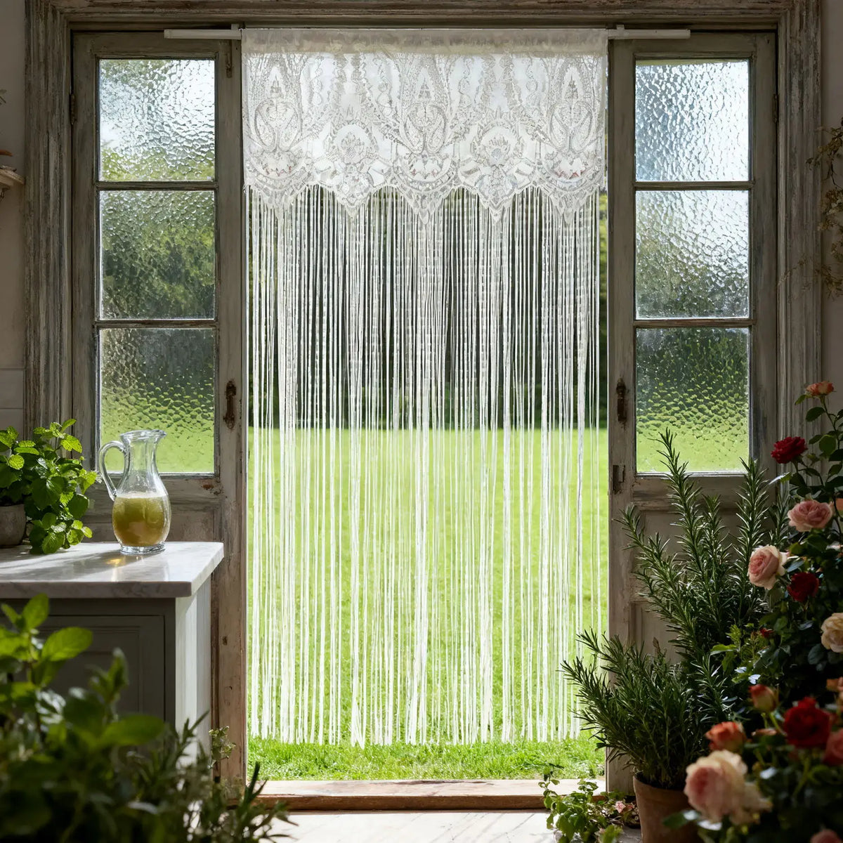 Vintage lace tassel door curtains hanging in a light-framed window overlooking a green field.