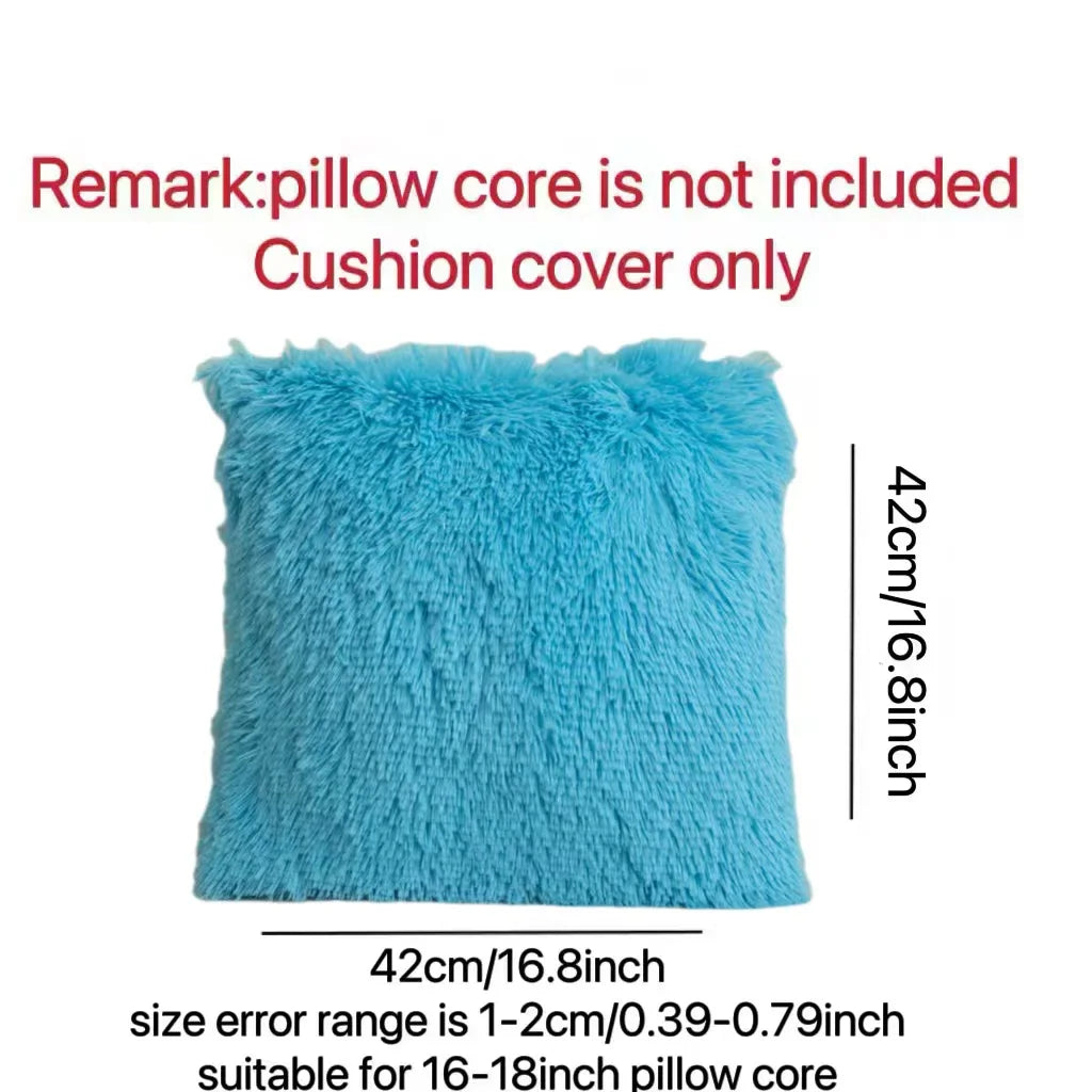A light blue faux fur cushion cover is shown, noting that the pillow core is not included.