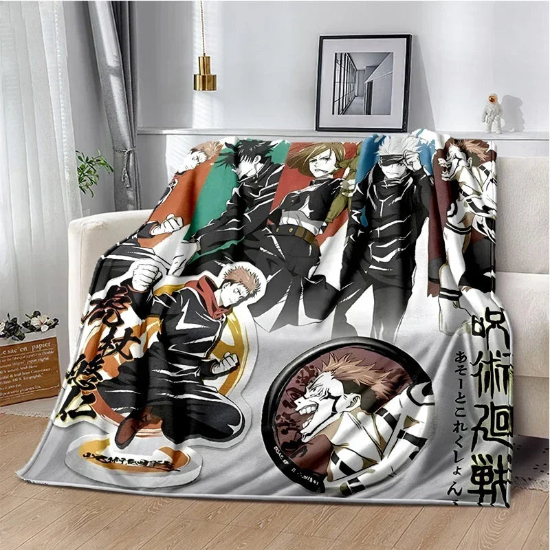 A throw blanket featuring characters from Jujutsu Kaisen anime in various poses and colors.