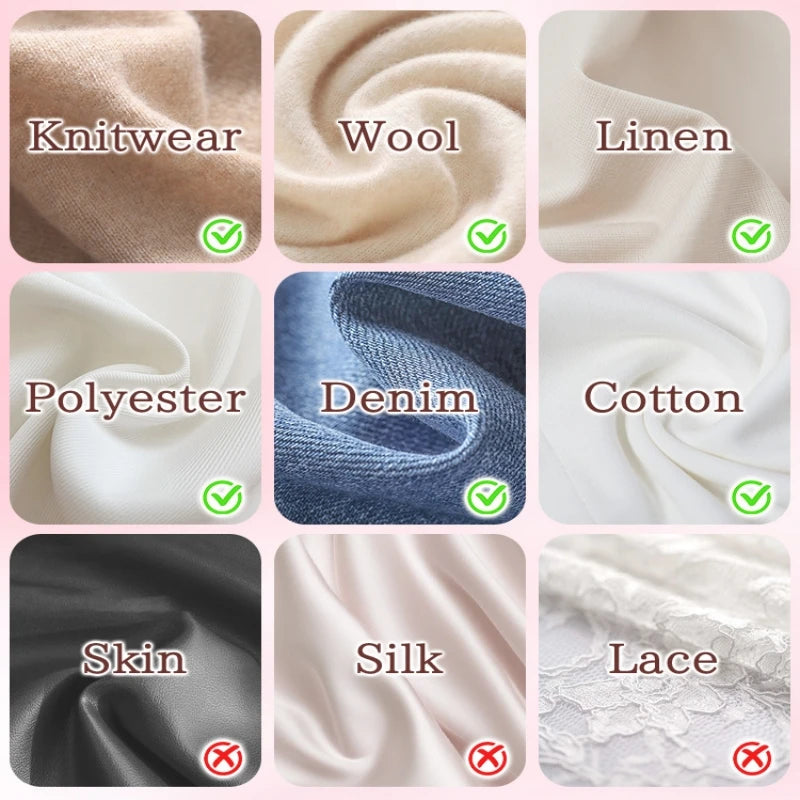 A grid showing various fabrics including knitwear, wool, linen, polyester, denim, cotton, skin, silk, and lace.