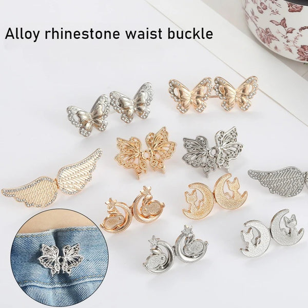 Gold and silver alloy rhinestone waist buckles shaped like butterflies for adjusting pants and skirts