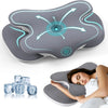 A gray ergonomic memory foam neck pillow with a silk-touch cover is shown alongside a woman using it for relaxation.