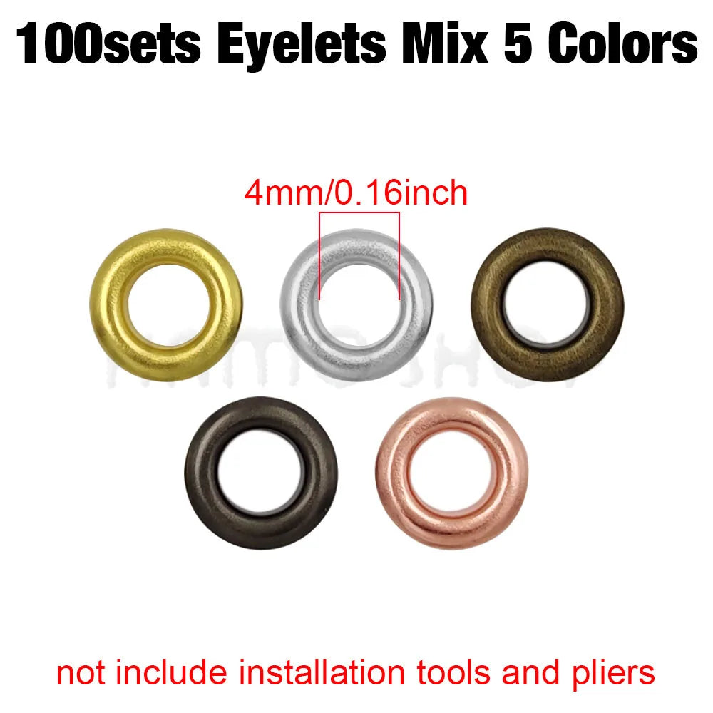 A set of five 4mm eyelets in different colors including gold, silver, bronze, black, and rose gold.