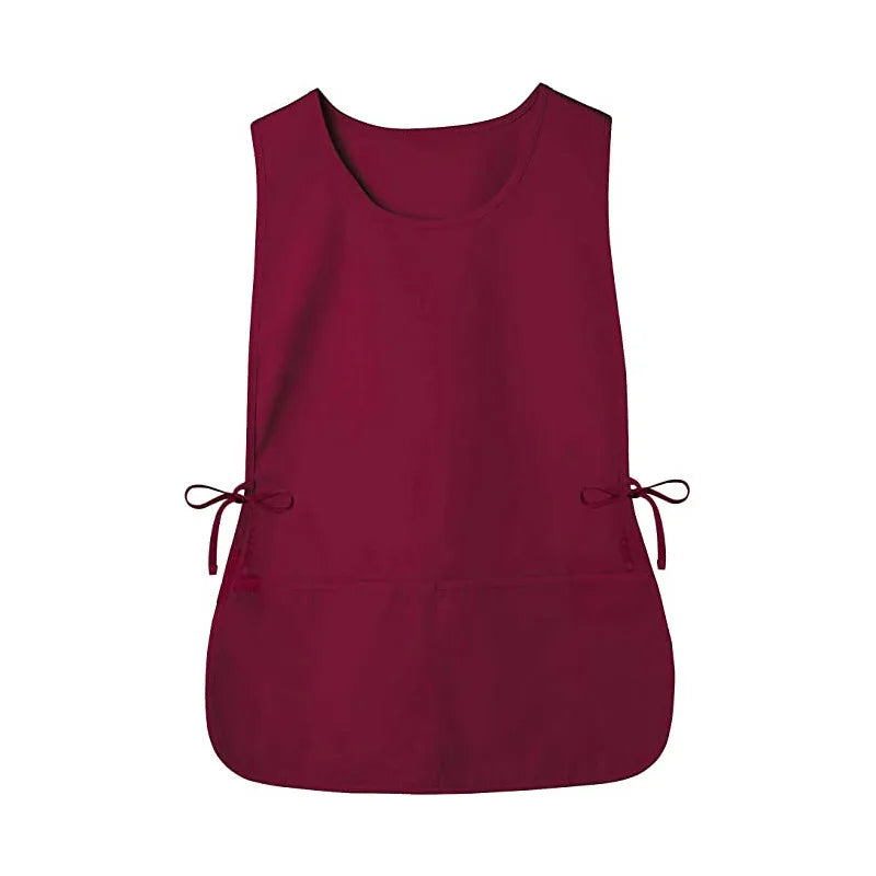 A solid maroon polyester apron with ties at the front.