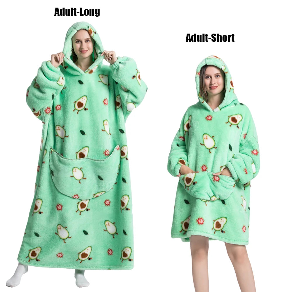 A green plush fleece blanket hoodie worn by an adult, shown in both long and short styles.