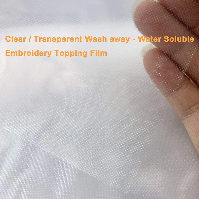 Clear transparent water soluble embroidery topping film being held by a hand
