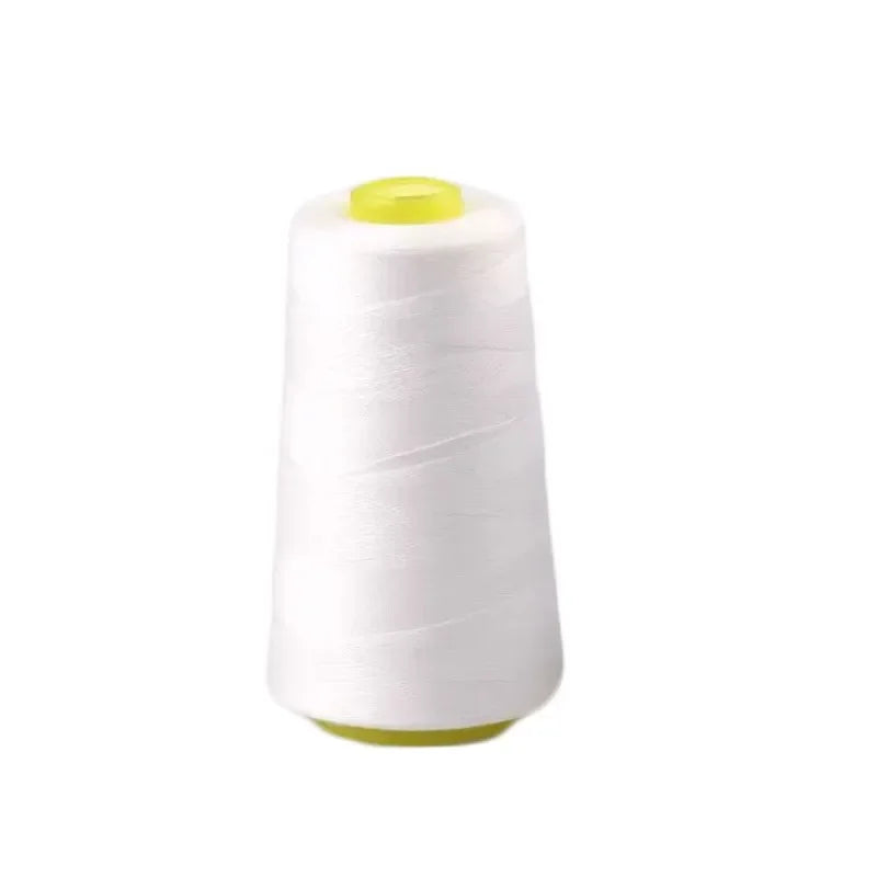 A spool of white polyester sewing thread with a yellow core.