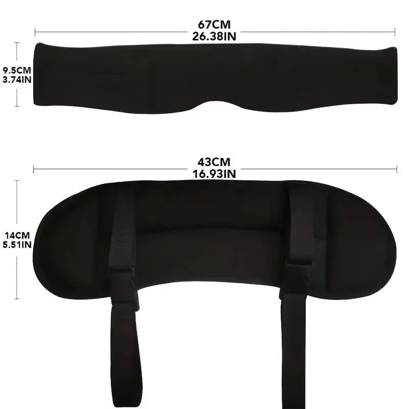 Black contoured travel sleep mask with a neck pillow design shown from the top and side.