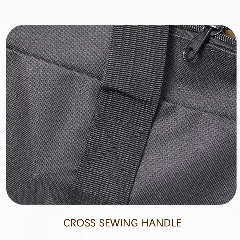 A dark gray storage bag featuring a cross sewing handle and zippered closure.