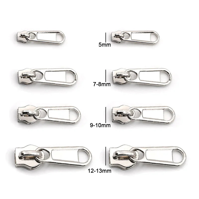 A set of metal zipper repair sliders shown in various sizes ranging from 5mm to 12-13mm.