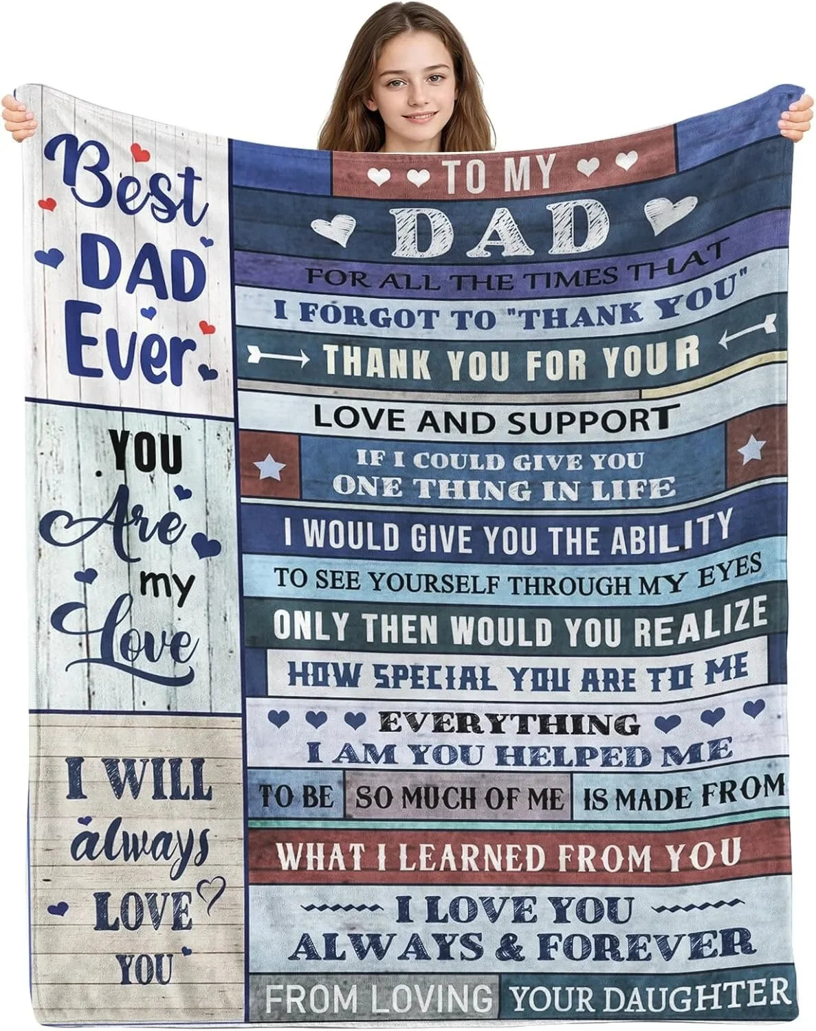 A girl holds up a printable knit blanket featuring heartfelt messages to her dad and love for her daughter