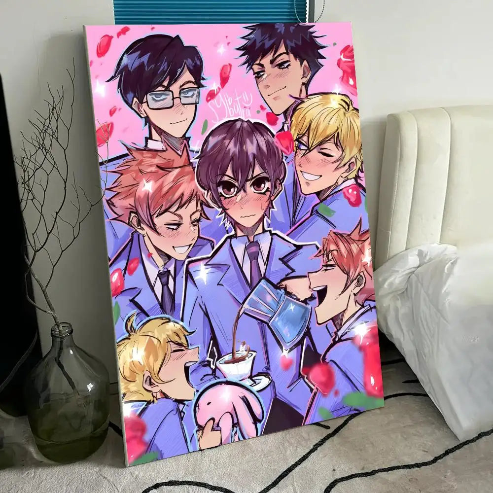 A vibrant anime poster featuring characters from Ouran High School Host Club in purple and pink tones.