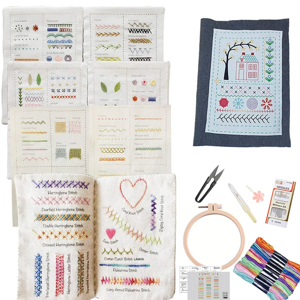 A collection of hand embroidery patterns and kits featuring various stitches and designs for adult learners.