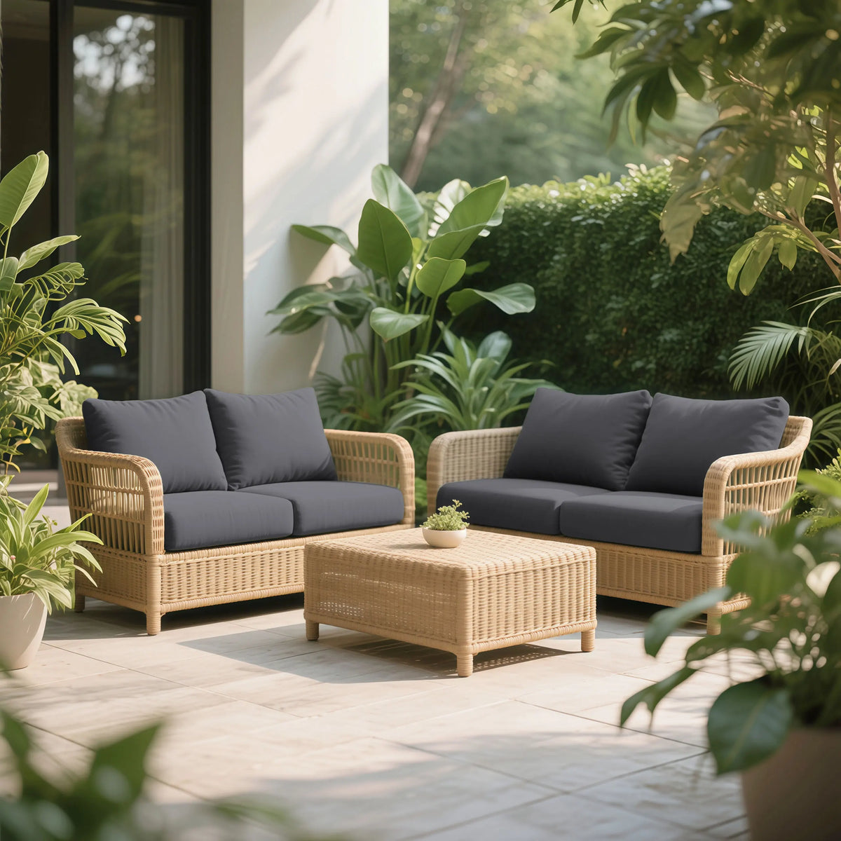 A modern outdoor living area featuring a light wicker sofa set with dark gray cushions and a matching coffee table surrounded
