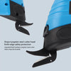 Close-up view of a blue and black cordless electric scissor with a sharp tungsten steel cutter head for cutting fabric, carpe