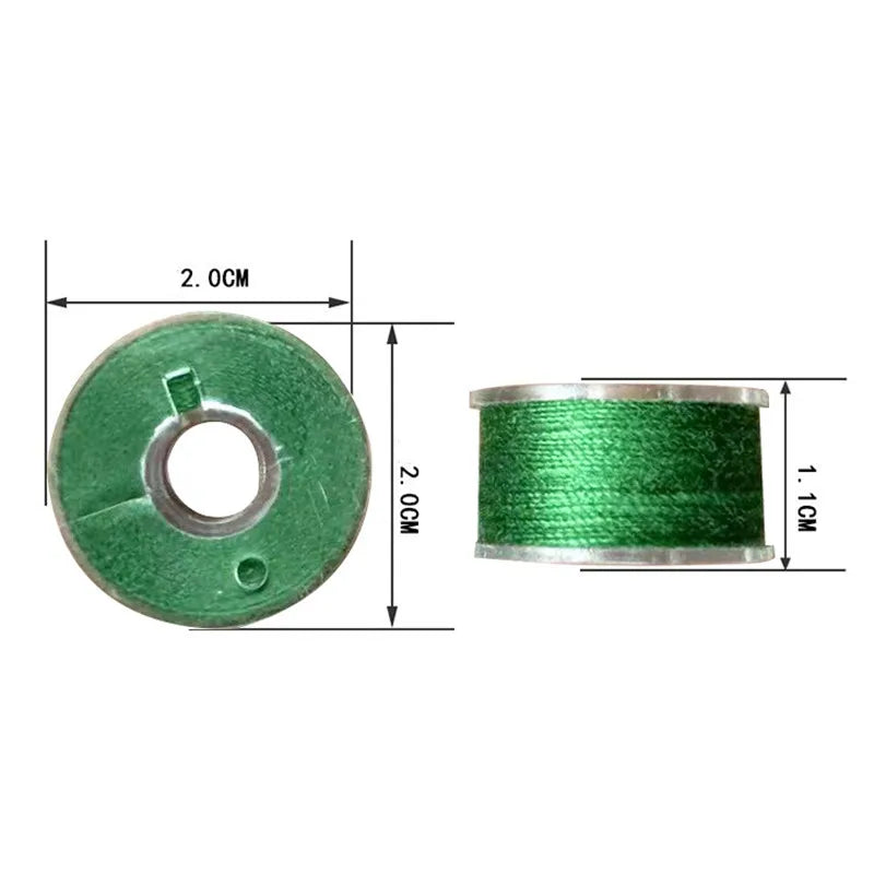 A spool of green sewing thread with a diameter of 2.0 cm and a length of 1.1 cm.