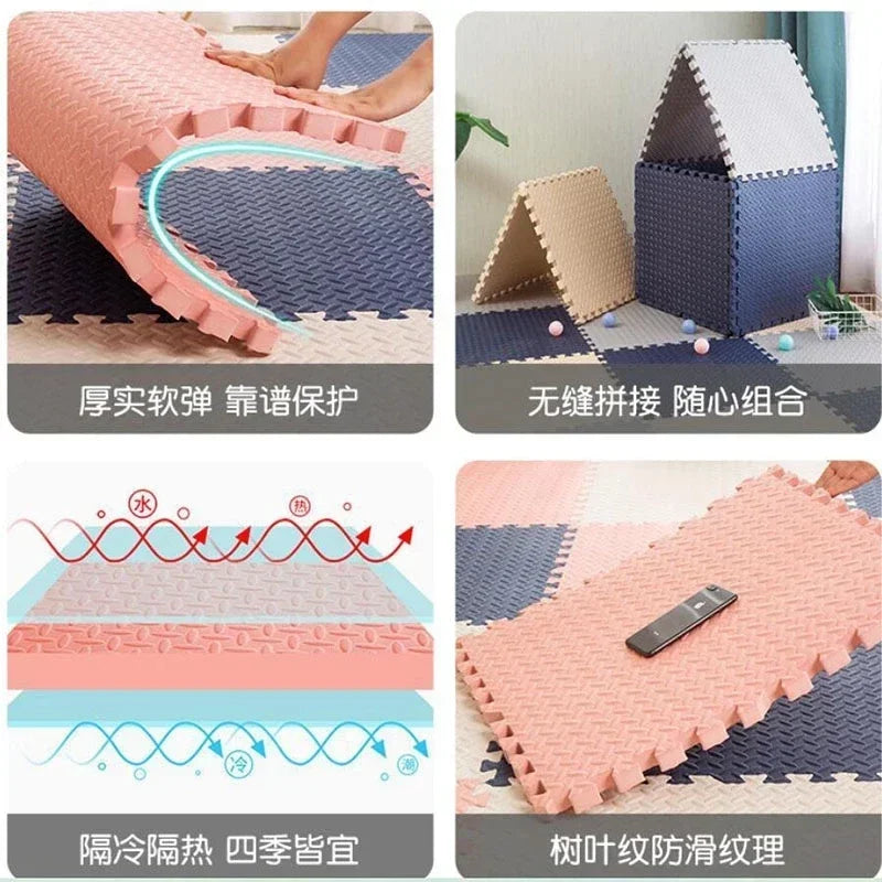 A set of interlocking foam play mats in pink and blue colors showing various usage scenarios for babies and toddlers.