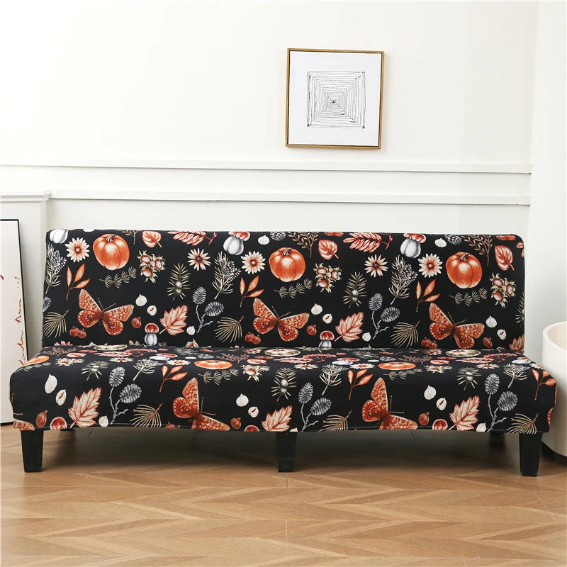 Black and orange floral geometric print spandex slipcovers for sofa beds
