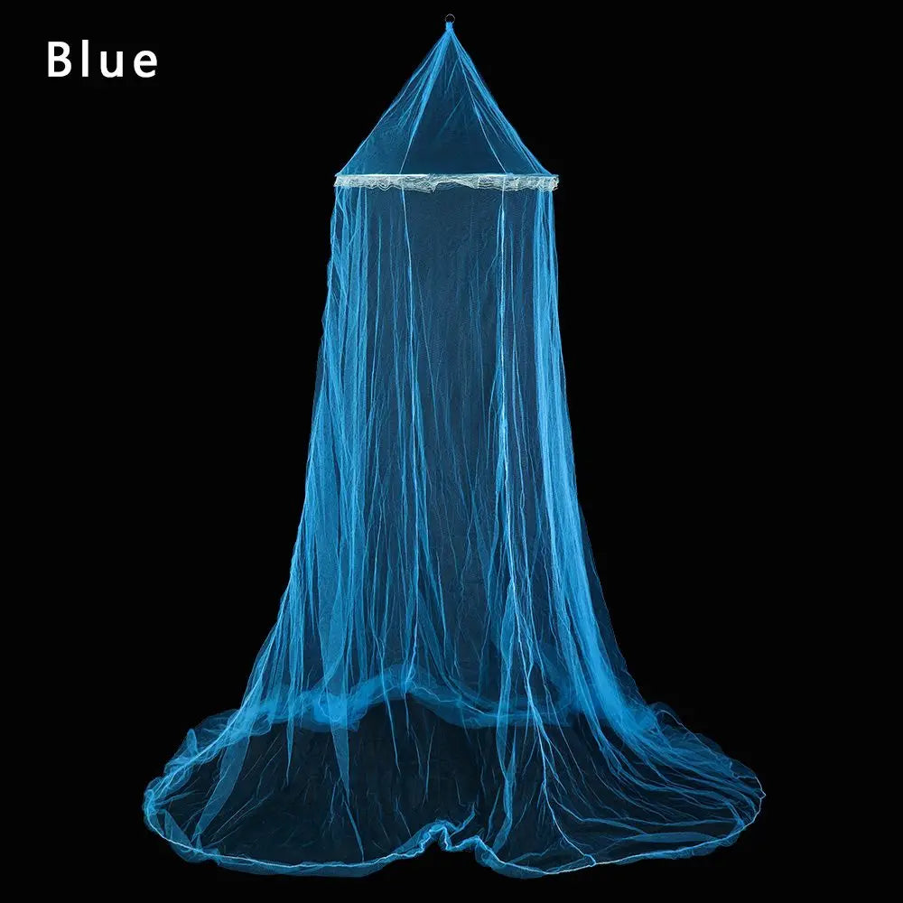 A blue lace dome mosquito net canopy shown against a black background.