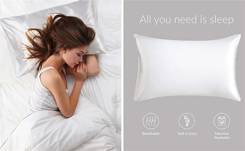 A white satin pillow cover is shown next to a woman sleeping in bed, highlighting breathable, soft, and machine washable feat