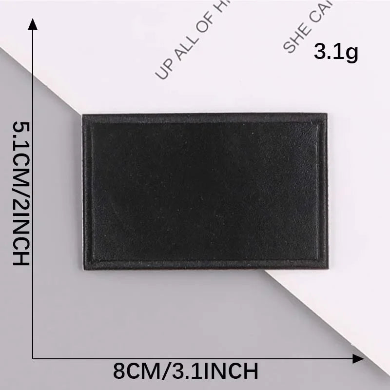 A rectangular black leather patch with a self-adhesive backing is shown next to a measurement scale.