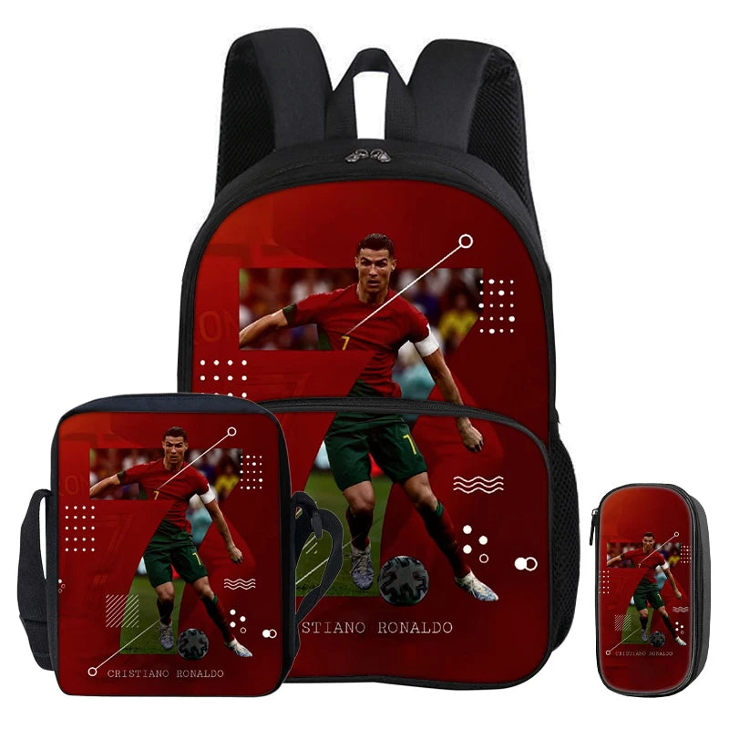 A black football sport backpack featuring a graphic of Cristiano Ronaldo.