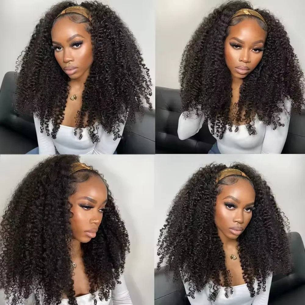 A woman models a black kinky curly half wig with a drawstring on her head.