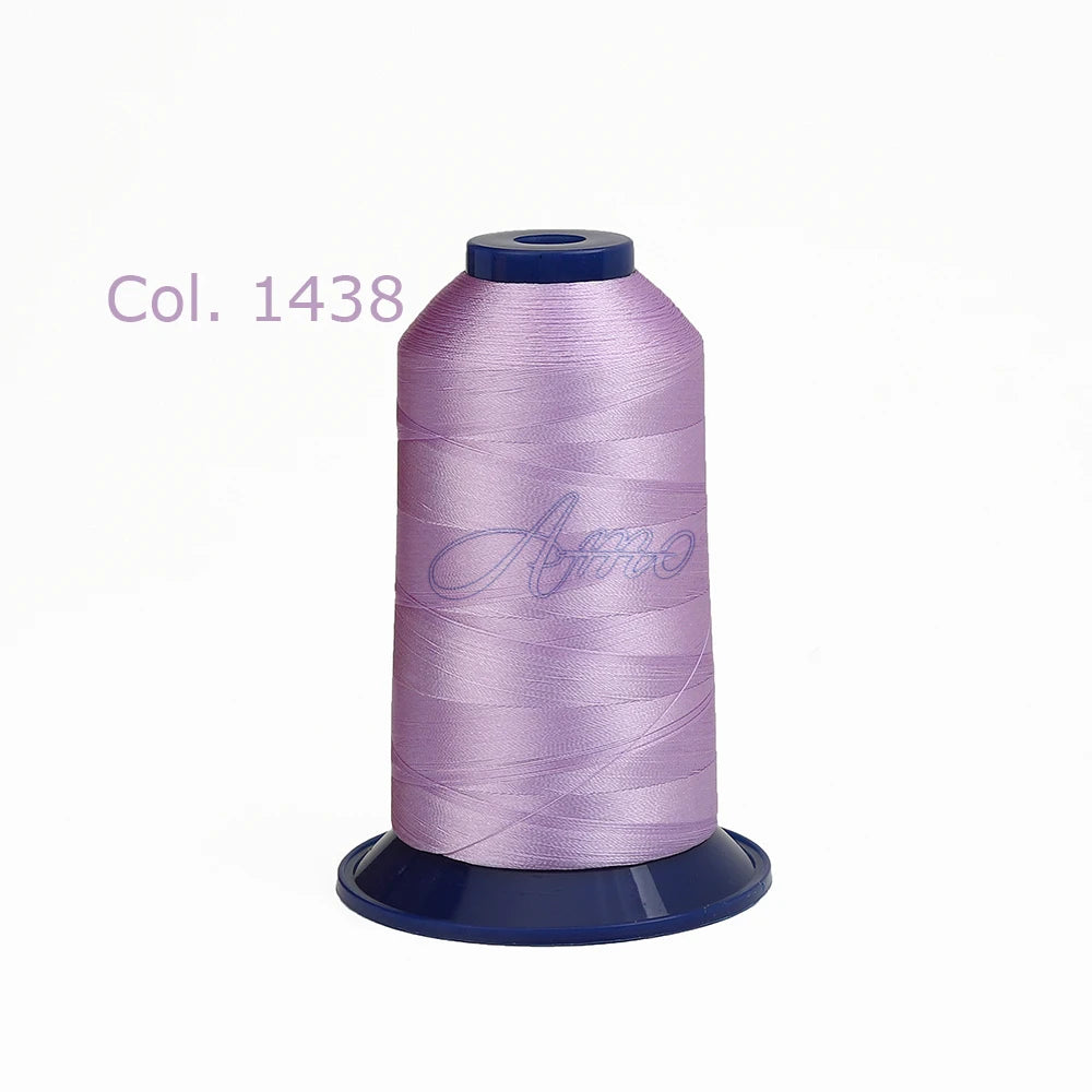 A spool of purple embroidery thread, color 1438, for high tenacity polyester work.
