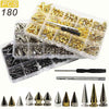 A clear plastic box containing a kit of punk screw back studs and spikes for leather craft.