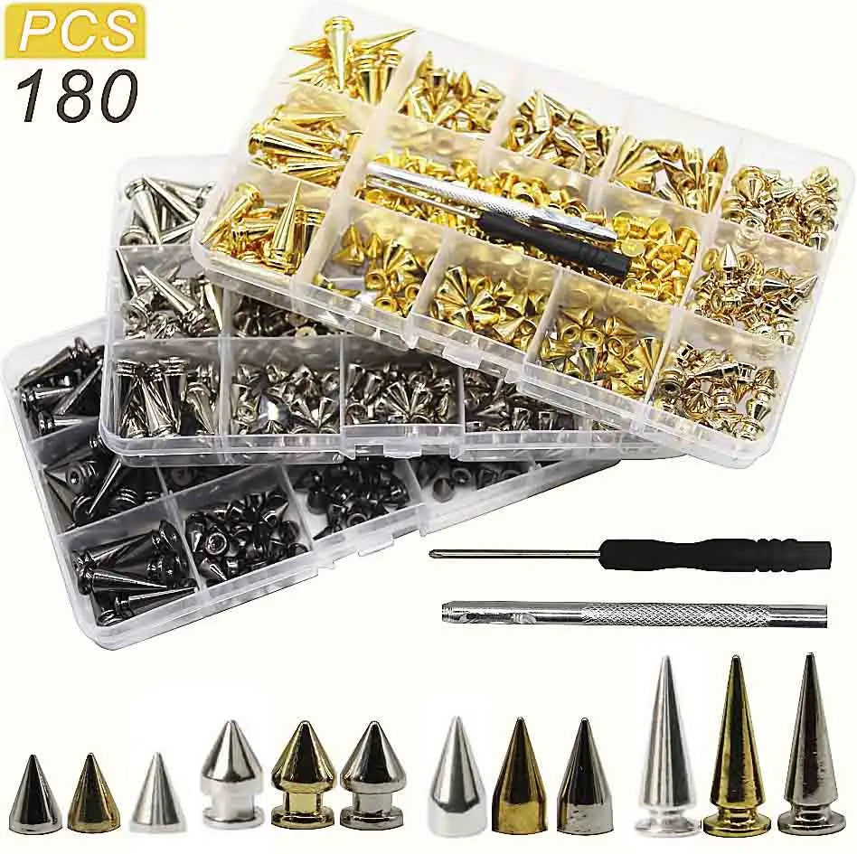 A clear plastic box containing a kit of punk screw back studs and spikes for leather craft.
