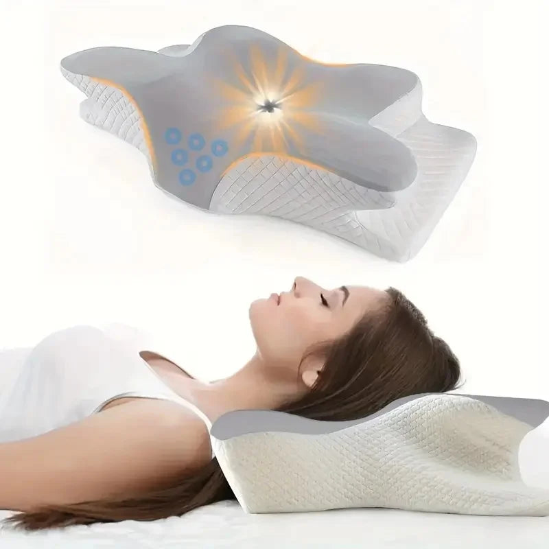 A gray memory foam contour neck pillow is shown next to a woman resting her head on a white pillow.