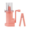 A pink hand knit loom for crafting knots with a vertical frame and a separate clamp tool.