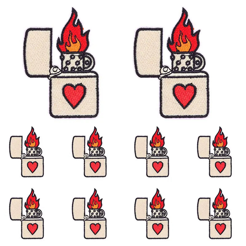 Set of embroidered letter slogan applique patches featuring a flame design on a square background